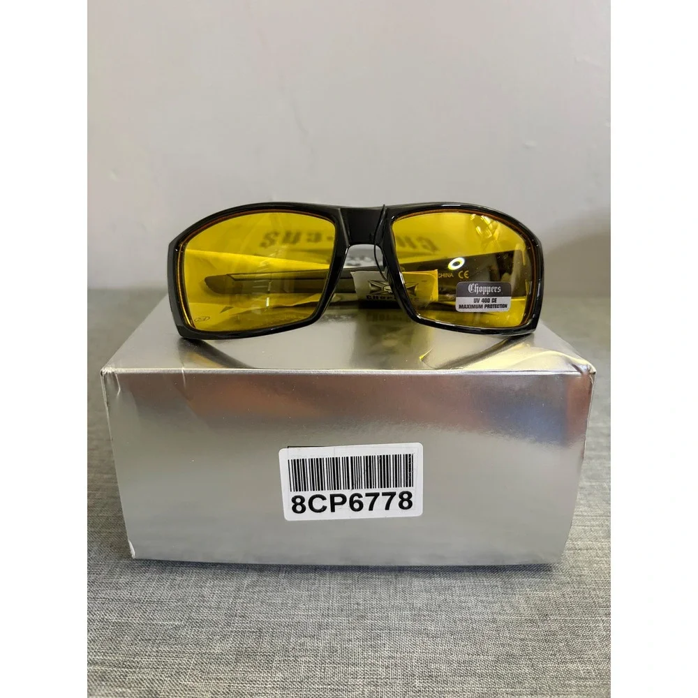 Choppers Sunglasses Mens OS Gloss Black Yellow Lens Biker Wrap UV400 8CP6778
